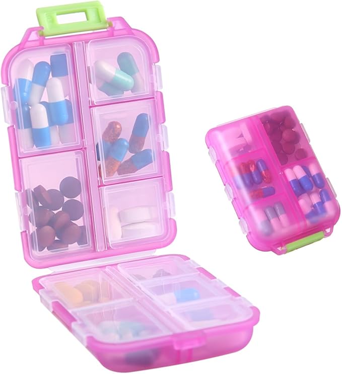 1Pack Travel Pill Organizer - 10 Compartments Pill Case, Compact and Portable Pill Box, Perfect for On-The-Go Storage, Pill Holder for Purse (Pink with 156 Stickers)