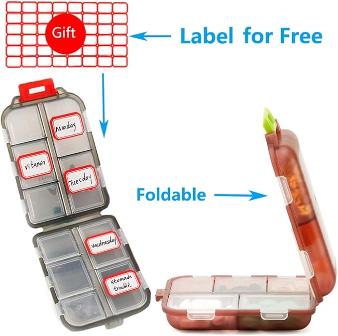 Pill Case (2 Pack) - Portable Small Supplements Tablet Container Box with 10 Compartments - Medicine Vitamin Organizer Dispenser Holder Storage for Travel Trip Pocket Purse(Blue+Chocolate)