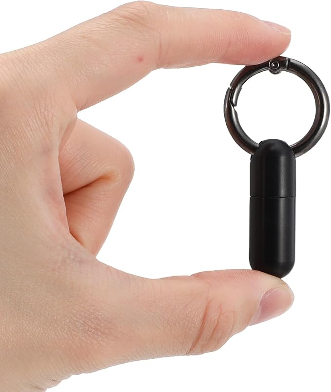 Small Pill Case Keychain Tiny Portable Pill Carabiner Clip Holder Bottle Micro Waterproof Metal Container Mini Emergency Medicine Organizer for Outdoor Camping Travel Purse Pocket(Black)