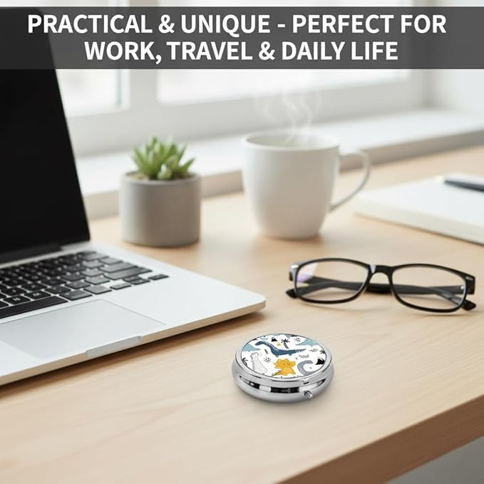 Cute Dinosaur Pill Box 3 Compartment Small Pill Case,Portable for Pocket or Purse Pill Organizer Pill Container Holder with Mirror to Hold Vitamins, Medication, Fish Oil and Supplements