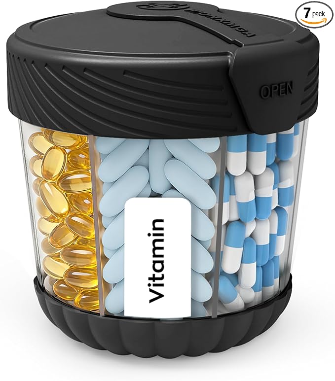 Cute Pill Dispenser with 7 Large Compartments, Portable Pill Bottle Organizer with Wide Opening for Travel, Anti-Mixing Pill Container, Shatterproof BPA-Free, Includes 20 Pcs Labels, Black