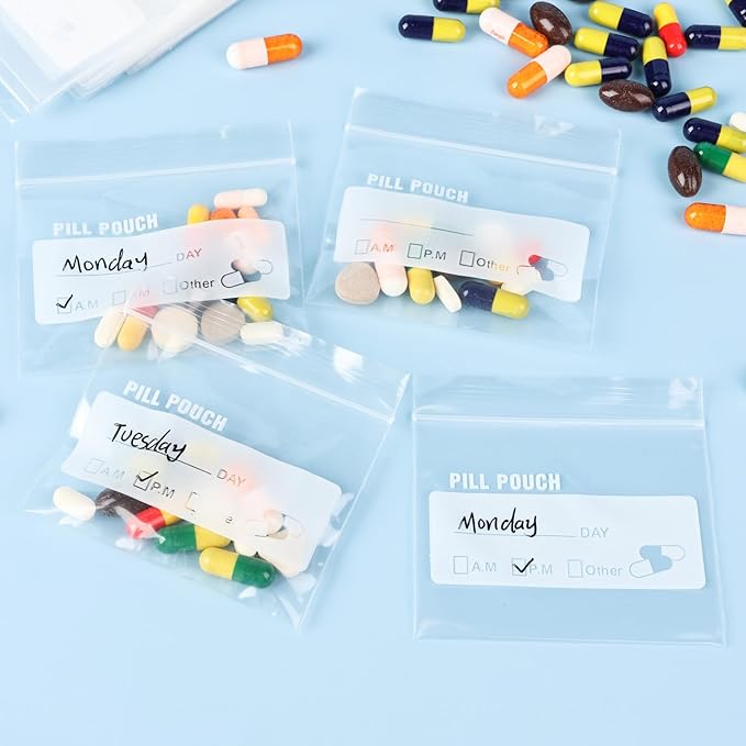 Pill Pouch Bags for Travel (120 Pack), 6 Mil BPA Free Reusable Pill Bags 3 x 2.75 inch for Medicine with Write on Label Clear Ziplock Seal Waterproof AM PM Pill Baggies for Medicine Organizer