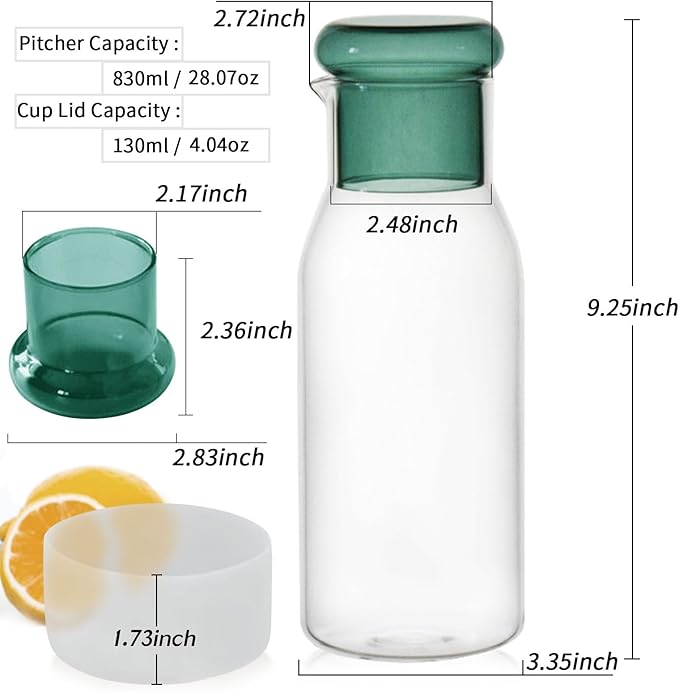 hjn Glass Pitcher Water Carafe with Cup Lid, Fridge Water Jug Cold or Hot Beverages, Iced Tea, Milk, Juice 830ml/28oz & clear cup lid (Glass Pitcher-Green cup lid)