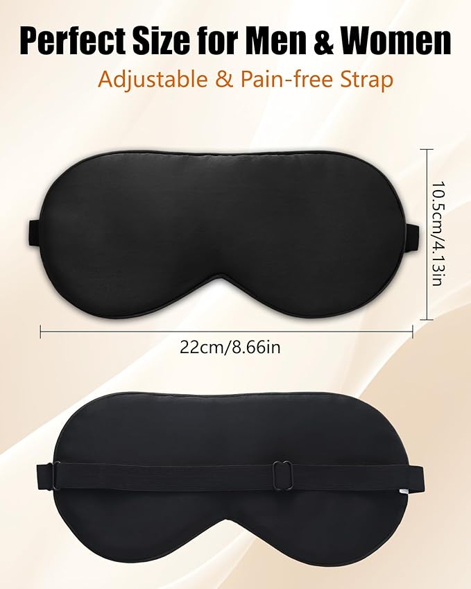 100% Mulberry Silk Sleep Mask with Adjustable Strap, 16-Momme Light-Blocking Eye Mask for Sleeping, Hypoallergenic Silk Eye Masks for Women and Men, Perfect Travel & Gift Choice（Black）
