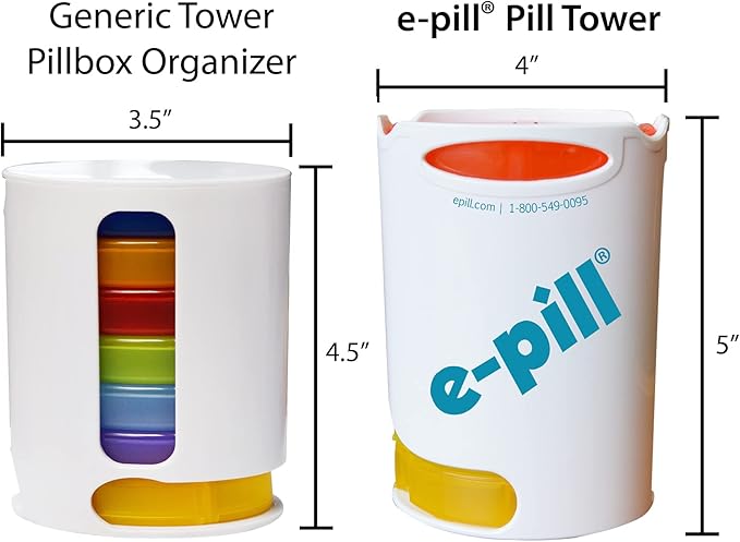 e-Pill Tower Pro - 4 Times a Day x 7 Day Weekly Pill Organizer, Vitamin and Medicine Pill Box - Stackable Pillbox Holder and Pill Cutter