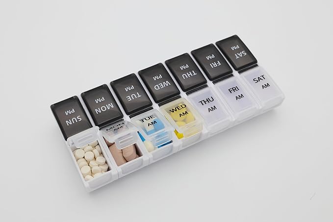 7 Day Weekly Pill AM PM Organizer, ShysTech Large Pill Case Pill Box for Pills/Vitamin/Supplements/Medication (Separable, Small Black/White)