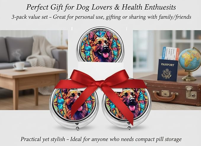 German Shepherd Dog Art Small Box for Pill,3 Compartment Pill Case Travel Medicine,Portable Pocket or Purse Pill Organizer Container Holder Hold Vitamins, Medication, Fish Oil Supplements