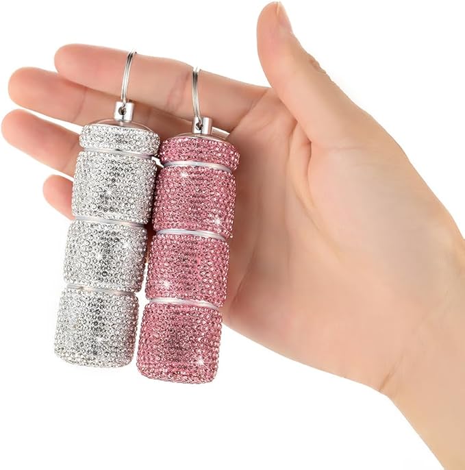 Rhinestone Mini Pills Organizer with Keychain, Portable 3 Compartment Small Travel Pill Holder, Waterproof Medicien Case Dispenser Bottle, Crystal Pocket Pill Box (White)