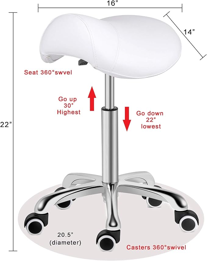 Kaleurrier Saddle Stool Rolling Swivel Height Adjustable with Wheels,Heavy Duty Saddle Chair,Ergonomic Stool Chair for Hair Salon Lab Clinic Dental Massage Home Office Kitchen (White, Without Back)