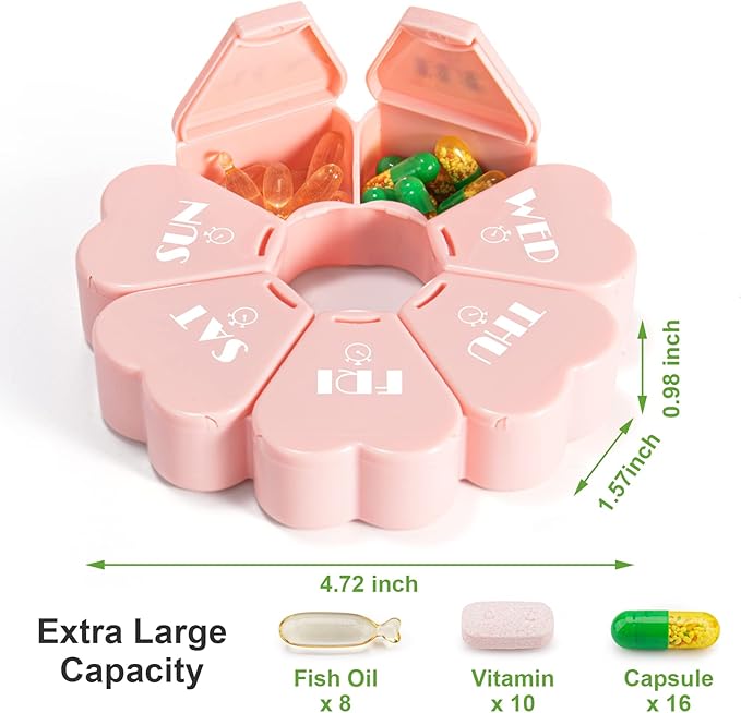 Upgrade Weekly Pill Organizer, Mooyue Travel Medicine Organizer Large Compartments Arthritis Friendly, Cute Pill Box 7 Day, Daily Pill Box Organizer for Vitamins, Fish Oils(Pink-White Letter)