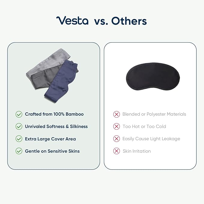 Vesta 100% Bamboo Viscose Sleep Mask, Silky Soft, Adjustable, Full-Size for Total Blackout, Perfect for Sleep, Travel & Nap, Includes Travel Bag and Gift Box (Stardust Grey)
