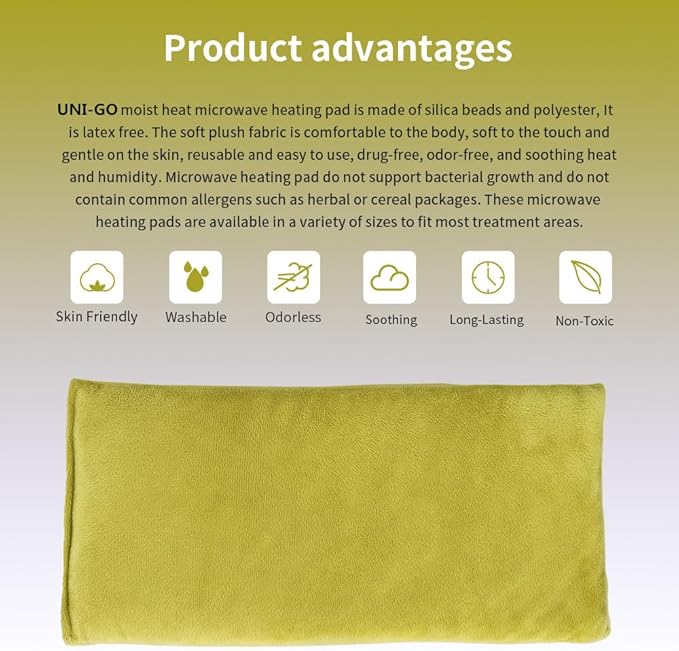UNI-GO Silica Beads Microwave Heating Pad for Hot Compress and Cold Compress, No Smell, Reusable Microwavable Heating Pad for Back, Neck, Shoulder, Leg, Muscle Ache & Cramps. (Olive Green-6"x12")