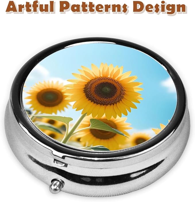Metal Pill Organizer - 3-Compartment Mini Round Pill Case for Pocket & Purse, Portable Vitamin Holder, Easy-Open Design for Travel - Bright Sunflowers