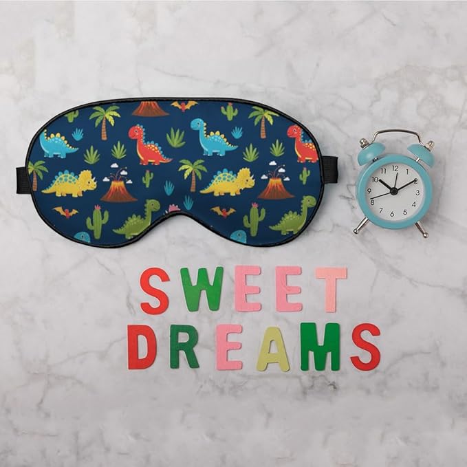 Cute Dinosaurs Sleep Eye Mask Children Print Palm Tree Animal Green Blue Red Silk Eye Mask Sleeping Soft Eye Shade Cover for Men Boy Girl Airplane Travel with Elastic Strap