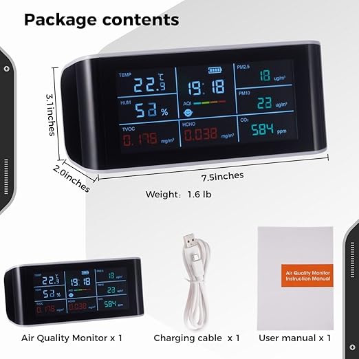 BOSREROY Portable 9-in-1 Air Quality Monitor, Indoor CO2, VOC, and Formaldehyde Detector with AQI, PM2.5 for Home Monitoring, Air Quality Tester with Clear Display
