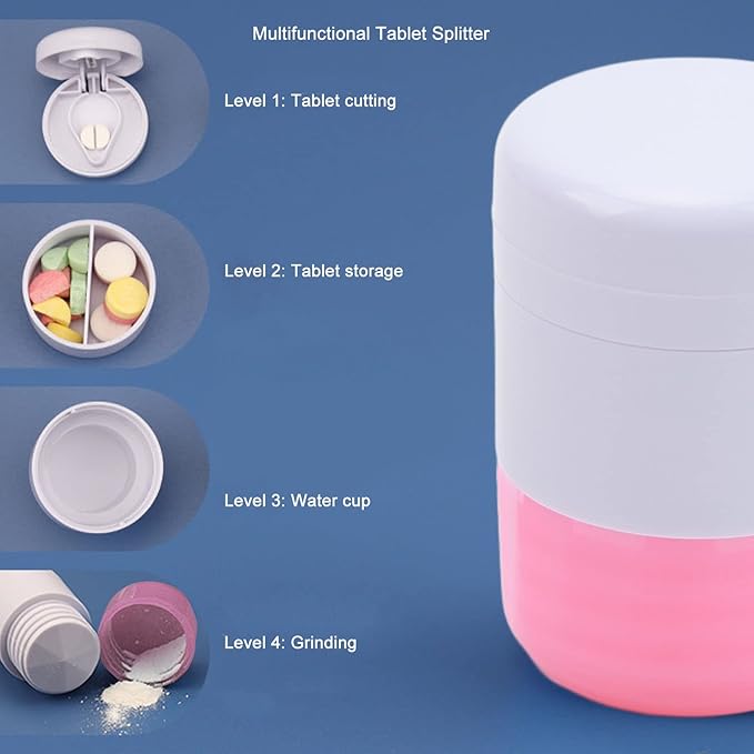 4 in 1 Tablet Crusher Cutter Splitter Grinder, Multifunctional Pill Breaker Slicer Chopper Divider, Travel Pill Cutter with Cup, 4 Layers Stainless Steel Blade Portable Drug Box Container