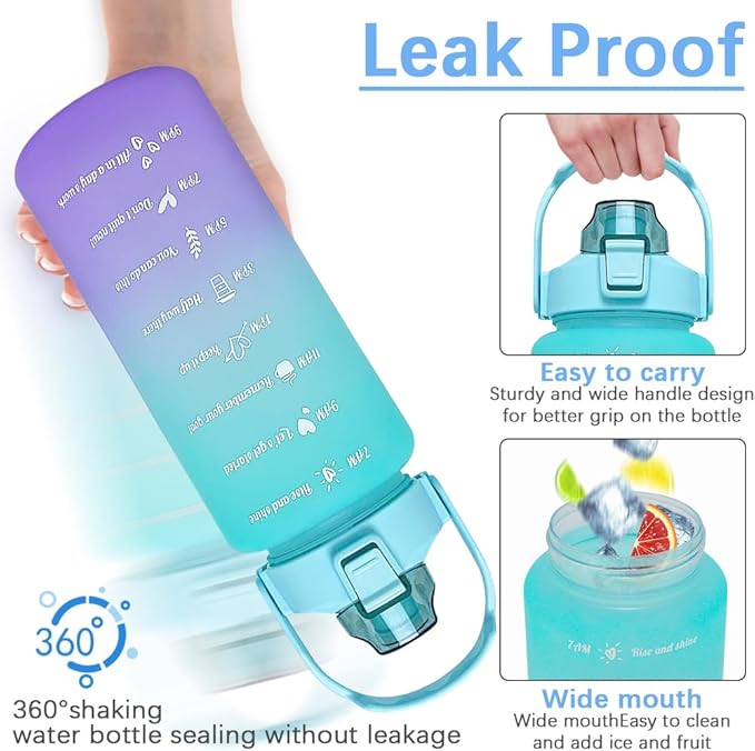 64 oz Large Capacity Water Bottle with Motivational Time Markers and Straw, Portable, Leakproof, BPA Free for Fitness, Gym and Outdoor Sports. (Green)