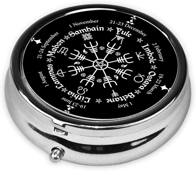 Round Stainless Steel Pill Box Case Norse Viking Vegvisir Compass Goth Pentagram, Pocket 3 inches Medicine Tablet Holder Organizer Case for Purse - Compact 3 Compartment