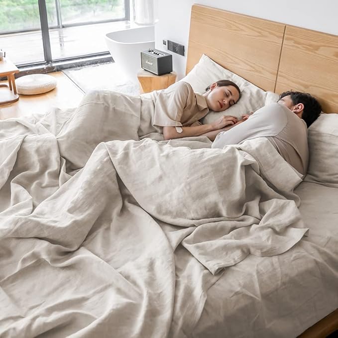 Simple&Opulence Washed Linen Bed Sheet Set Basic Style 4 Pieces (1 Flat Sheet & 1 Fitted Sheet & 2 Pillowcases) 100% Natural Linen Soft Breathable Farmhouse Bedding (Queen, Linen)