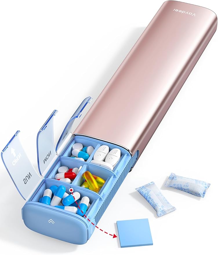 VAYDEER Metal Weekly Pill Organizer – Moisture-Proof Travel Pill Organizer with Built-in Desiccant Chamber and Airtight Lids – Large-Capacity Pill Box for Vitamins, Medicines & Supplements (Rose Gold)