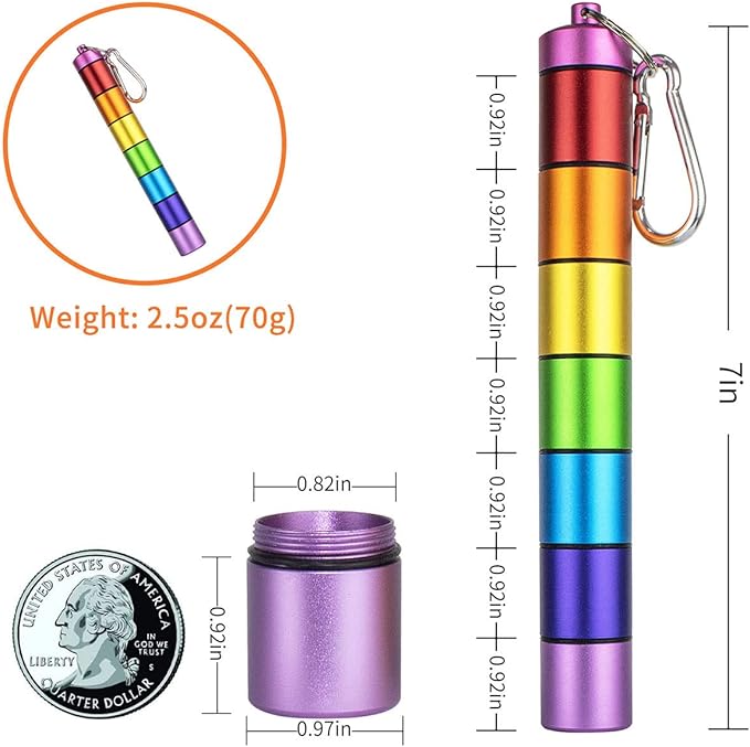 Weekly 7 Day Pill Organizer Travel Friendly Vitamin Organizer Pill Case Container Waterproof Pill Case with Keychain for Pills/Vitamin/Fish Oil/Supplements Metal Pill Holder Me (Rainbow)