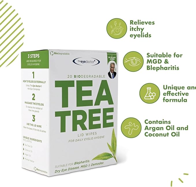 The Eye Doctor Premium Treatment Bundle - Reusable Hot Cold Eye Compress & 20x Single Use Tea Tree Eyelid Wipes for Dry Eye, Blepharitis & MGD - Microwave Safe Mask