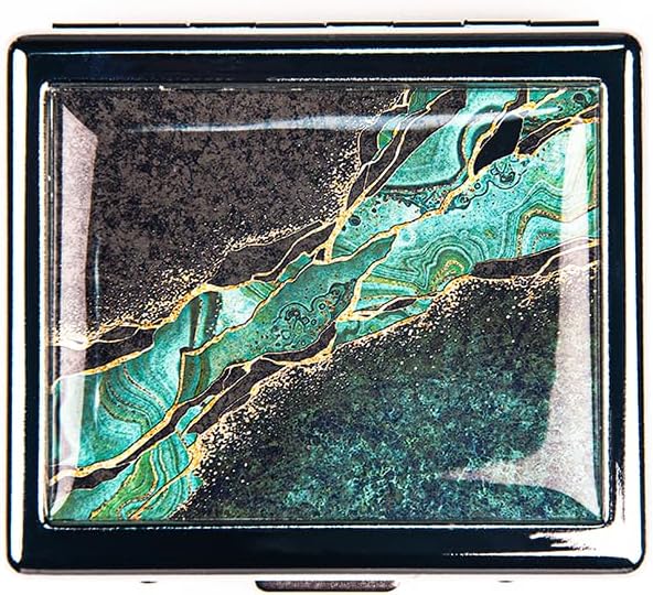 Black Green Marbel 7 Days Chromed Shiny Silver Pill Organizer with Mirror Inside Has 8 Separate Compartments Rectangle 7 Days Pill Box Pill Case