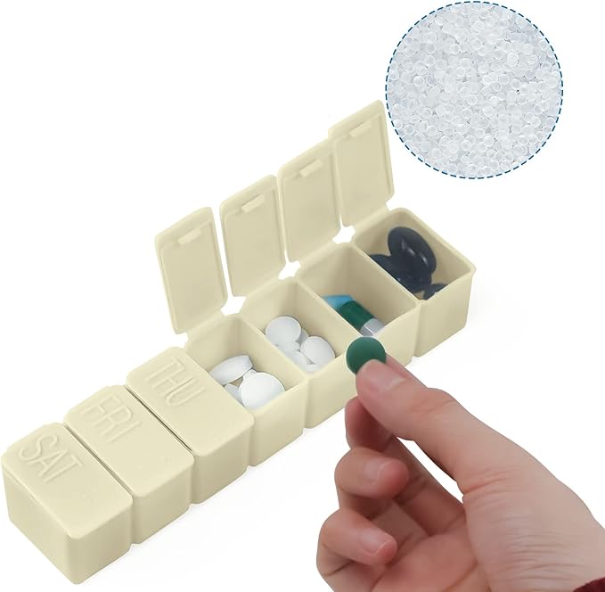 Weekly Small Pill Organizer, 7 Day Pill Case, Daily Vitamin Case Medicine Box, Pill Containers for Medicine Supplements Fish Oil(2Pcs,Beige)