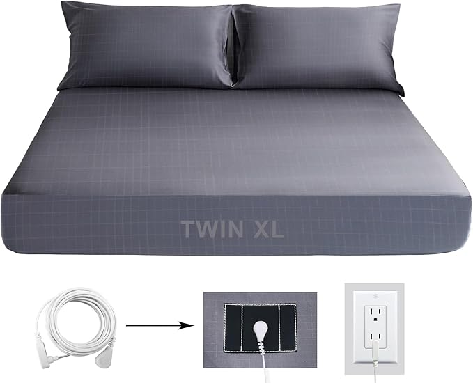 Grounding Sheet Twin XL Grounding Fitted Sheet, Cotton + Silver Fiber, Grounded Sheet Earth Connected Bed Sheet (39"x80"x14",Grey)