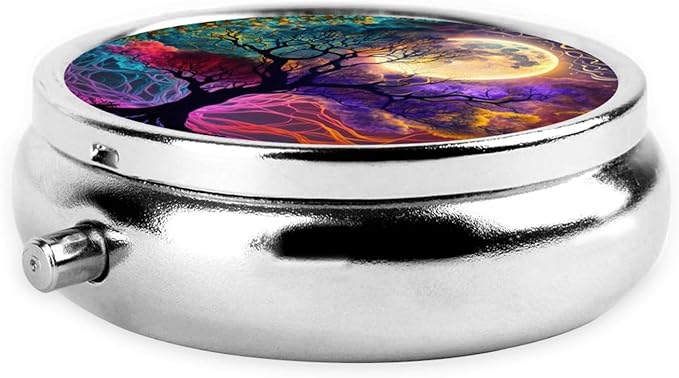 Magic Fantasy Tree Moon Art Print Round Metal Pill Box with 3 Compartment for Pocket or Purse Travel Bag Mini Small Size 2 inche