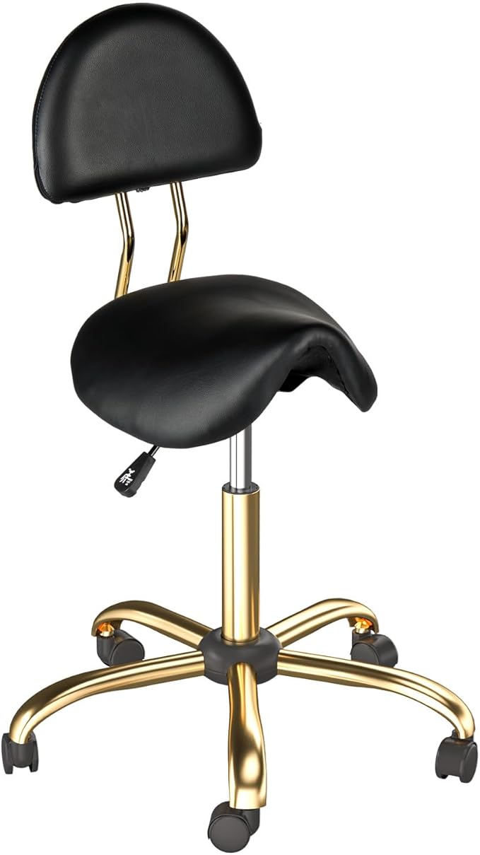 OmySalon Drafting Chair,Ergonomic Saddle Stool with Back Support,Tall Adjustable Rolling Stool with Thick Seat Cushion, Office Computer Chair for Salon Barber Spa Home Bar, Black Gold