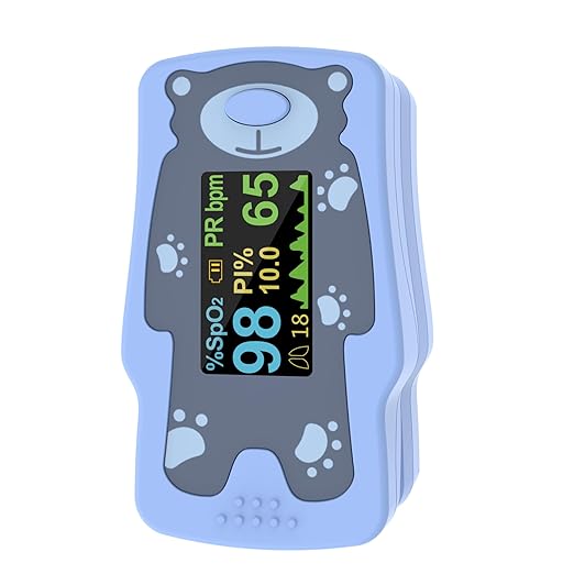 New Version Kids Pulse Oximeter Fingertrip, Blood Oxygen Saturation for Children, Portable Oxygen Meter with OLED Screen Included 2AAA Batteries