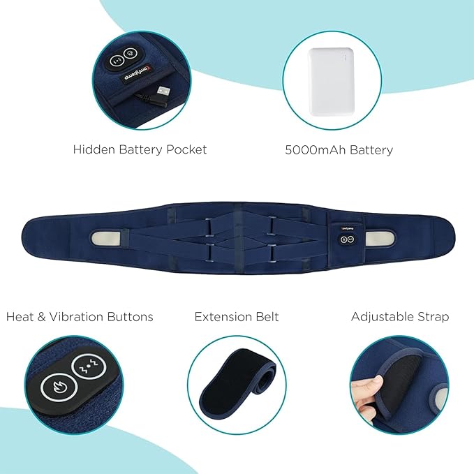 Comfytemp Cordless Heating Pad with Massager for Back, Portable Lower Back Massager FSA Eligible HSA Rechargeable Wireless Electric, Birthday Gifts for Women Men Mom Dad Seniors 3 Heat 30Auto-Off Blue