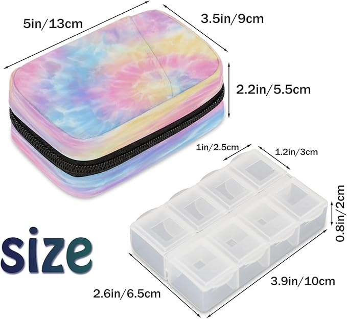 Weekly Travel Pill Organizer Case for Purse with Removable 7 Day Box Portable Compact Size Pill Box Fashionable Pill Container for Medicine Vitamin Supplement Tie Dye Pink Cute