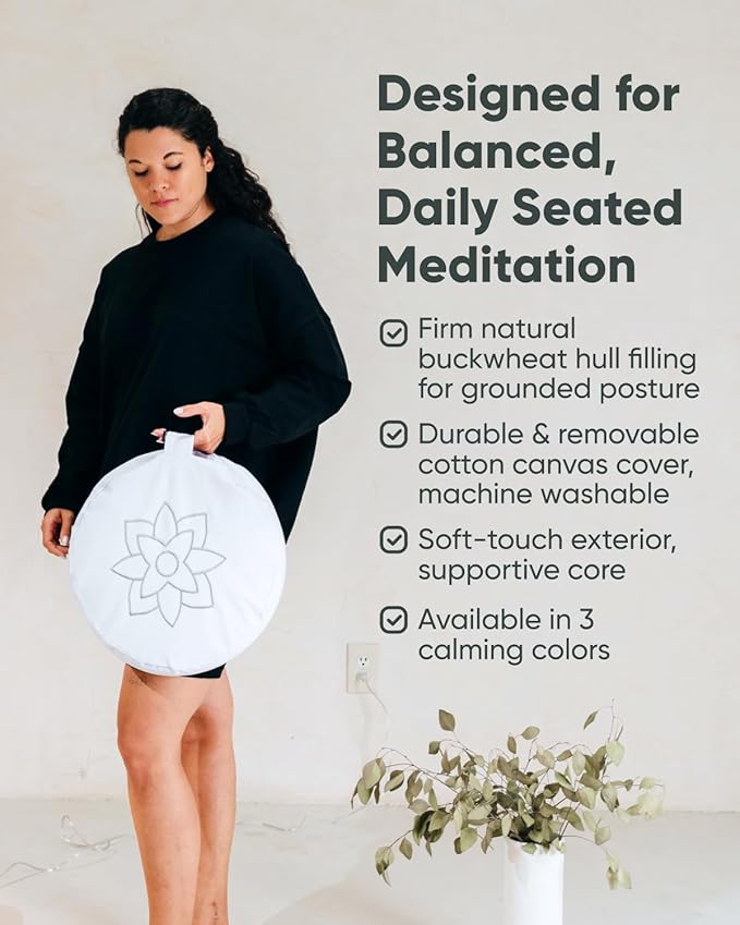 Mindful & Modern Large Meditation Cushion for Zafu Yoga - Meditation Pillow for Sitting on the Floor - Buckwheat Hull Filled Yoga Cushion with Removable, Washable 100% Cotton Cover and Carry Handle
