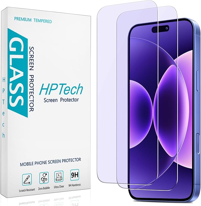 HPTech 2 Pack Anti Blue Light Screen Protector for iPhone 16 / iPhone 15 Eye Protection Tempered Glass Film, Easy to Install, Bubble Free