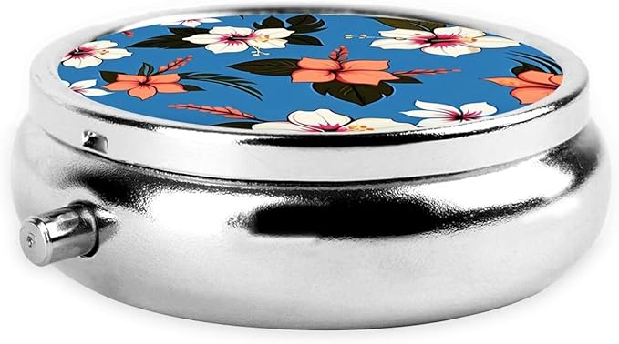 Blue Hibiscus Printed Pill Organizer,Round Travel Pill Organizer Mini Medicine Pill Box for Purse Iron Plating