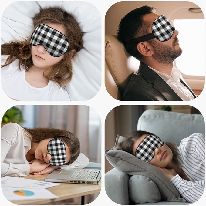 Black and White Plaid Silk Eye Mask Sleep Mask Tartan Checkerboard Squares Pattern Eye Mask with Adjustable Strap Lightweight for Women Work Travel