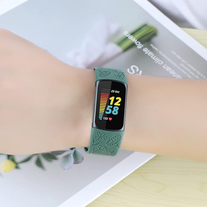 Flower Engraved Bands Compatible with Fitbit Charge 5 Band/Charge 6 Bands Women Cute Floral Engraving Soft Silicone Sport Strap Replacement Wristband for Fitbit Charge 5/6 Tracker Accessories