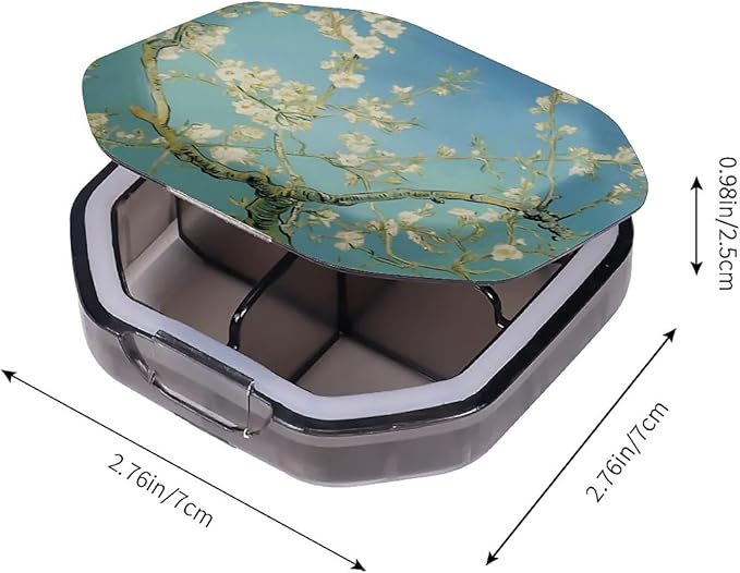 This Portable Almond Blossoms Pattern 4 Compartment Pill Box Can Be Placed in A Pocket Or Wallet to Store Vitamins, Medicines Health Supplements Other Medications.
