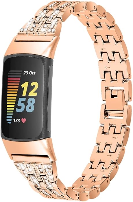 Chic Cute Bling Bands Compatible with Fitbit Charge 6/Charge 5 Fitness & Health Tracker,Rhinestone Dressy Bracelet Stainless Steel Metal Replacement Strap Wristbands Jewelry Strap Women (RoseGold)