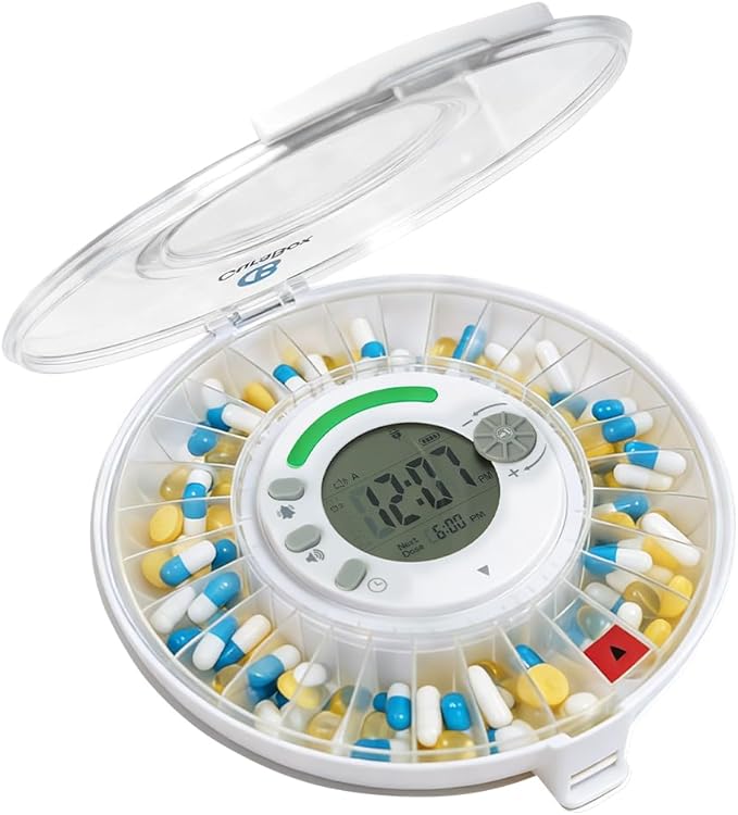 Automatic Pill Dispenser for Elderly - 28 Day Medicine Dispenser for Alzheimer's Care, Timed Medication Dispenser with Sound & Light Alerts & Key for Prescriptions, Vitamins & Supplements