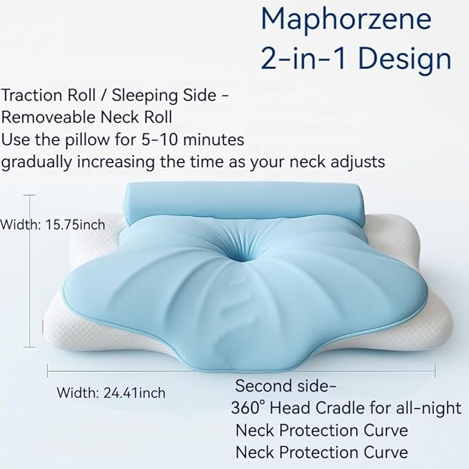 Cervical Pillow for Neck Pain & Side Sleepers Patented Ergonomic Memory Foam Pillow – Adjustable Height for Back & Side Sleeping, Anti-Snoring (Blue+White, 130-175 lbs)