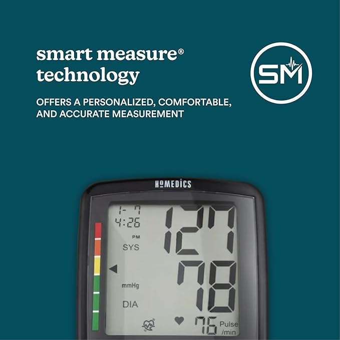 HoMedics Upper Arm Blood Pressure Monitor, Automatic BP Monitor with Easy One-Touch Operation, Stores up to 180 Readings (90 Per User), Includes One Blood Pressure Cuff and 4 AAA 1.5v Batteries
