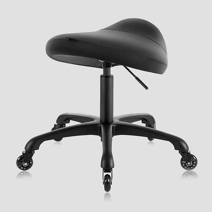 Heavy-Duty Ergonomic Pneumatic Swivel Rolling Saddle Stool with Extra Wide Seat for Hygienic Clinic Spa Massage Home and Office - 505 KIMO (Black)