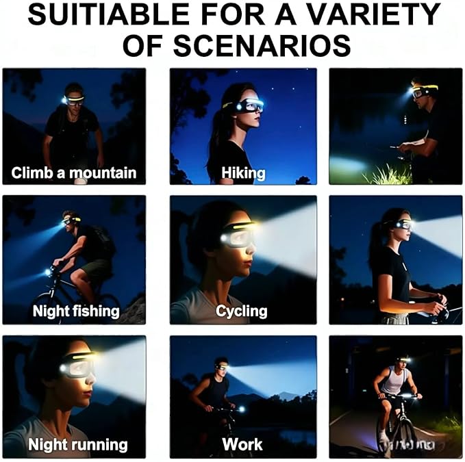 LED Glasses Rechargeable Headlight with Motion Sensor and Touch Control, 5 Modes USB C Lighted Glasses for Running Camping, Fishing, Cycling, Hiking, Hands-Free Lighting (Yellow)