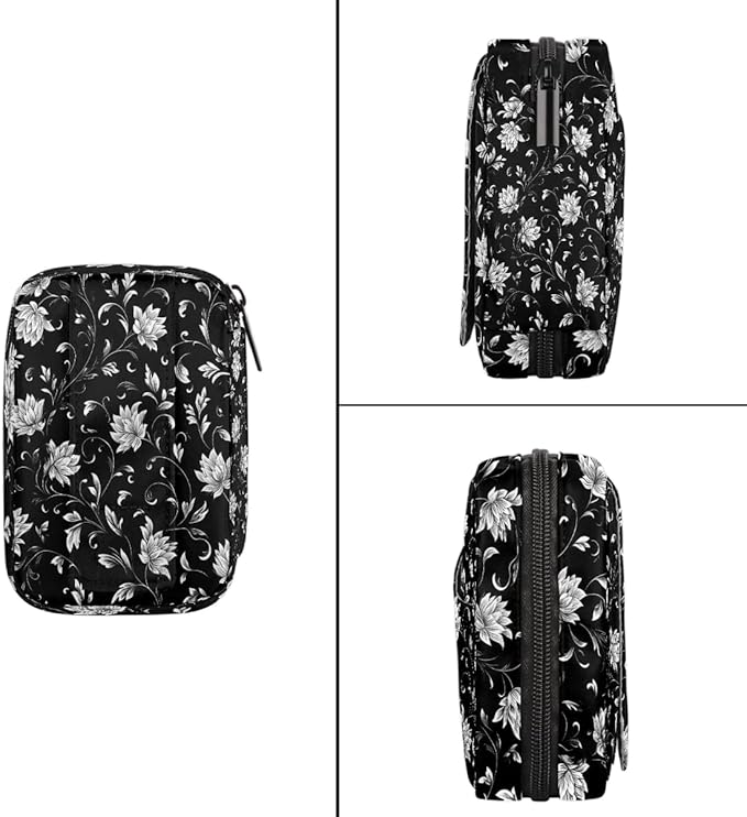 Floral Black Retro Pill Case Everyday Travel, 7 Day Weekly Medicine Pill Box Compact Portable Pills Bottle Organizer with Zipper for Daily Vitamin Medicine Holder Bottle Organizers Bag