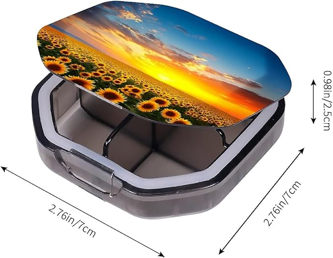 This Portable Sunflowers at Sunset Pattern 4-Compartment Pillbox Can Be Placed in A Pocket Or Wallet to Store Vitamins, Medicines Fish Oil Health Supplements Other Medications.