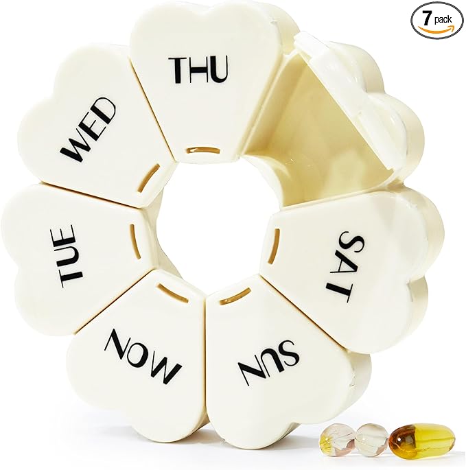 MOLN HYMY Large Weekly Pill Box 7 Day, Cute Pill Case Organizer 1 time a Day, Floral Pill Container Once Daily, Pretty Medicine Dispenser for Vitamin/Fish Oil/Medication/Supplements (Milky White)
