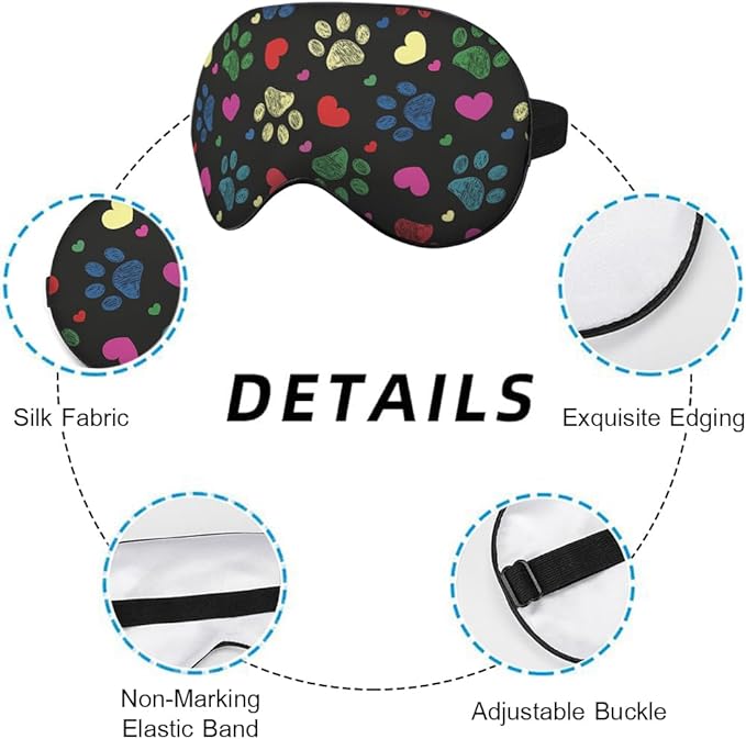Paw Hearts Print Sleep Eye Mask Colorful Love Pet Footprints Black Silk Eye Mask Sleeping Soft Eye Shade Cover for Men Women Boy Girl Airplane Travel with Elastic Strap